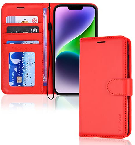 TECHGEAR iPhone 14 Leather Wallet Case, Flip Protective Case Cover with Wallet Card Holder, Stand and Wrist Strap - Red PU Leather with Magnetic Closure for iPhone 14 6.1