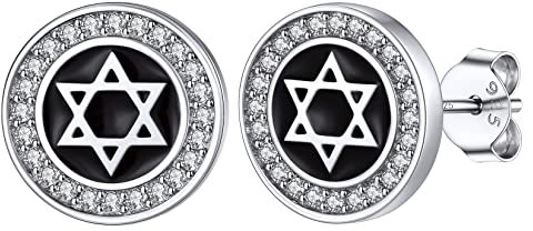 Clou d'oreilles Etoile de David Noir Argent Strass Blanc Petit Boucles Oreille Femme 925 Homme Cadeau Amulette de Protection Petit Ami Bijoux Enfant Fille Garcon