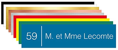 Plaque boîte aux lettres personnalisable. (BAL0004). Numéro Maison + Nom. Plaque nominative PVC 10 x 2,5 cm autocollante - Bleu - Helvetica light