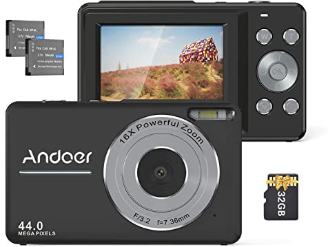 Andoer Tragbare 1080P Digitalkamera Camcorder Video 44 MP Auto Focus 2,5 Zoll IPS-Display Digitalzoom 16 x Anti-Shake Face Detect Smile Capture mit Speicherkarte 32 GB 2 Akkus