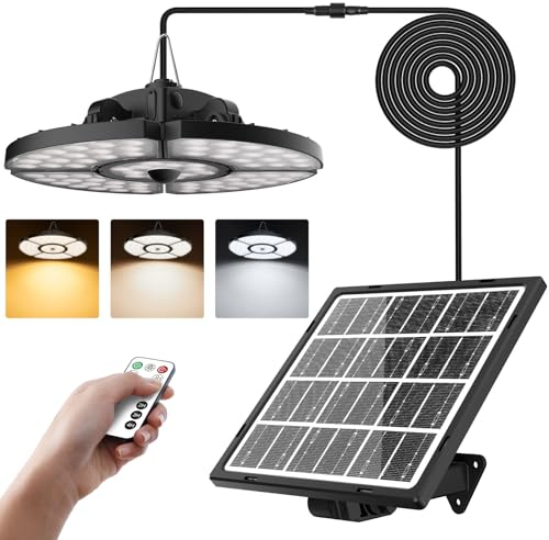 CLV Lampe Solaire Intérieur 152Leds 2500LM, Lampe Suspendue Solaire 4 Modes Eclairage Solaire 5000MAH avec Télécommande, 5 Luminosité, 2700K 4000K 6500K pour Maison Jardin Cabanon Pergola Garage