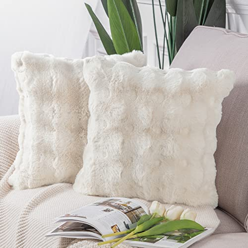 Madizz Pack of 2 Thick Plush Wool Cushion Covers 50x50 cm Cream Soft Neutral Decorative Throw Pillow Covers Accent Boho Pillowcases for Couch Sofa Bedroom Pillow Shell