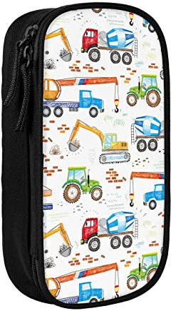 Federmäppchen für Mädchen und Jungen, tragbar, langlebig, mit Reißverschluss, Schreibwaren-Organizer, Schule, Büro, Schwarz – Auto, LKW, Bulldozer, Zement-Mixer