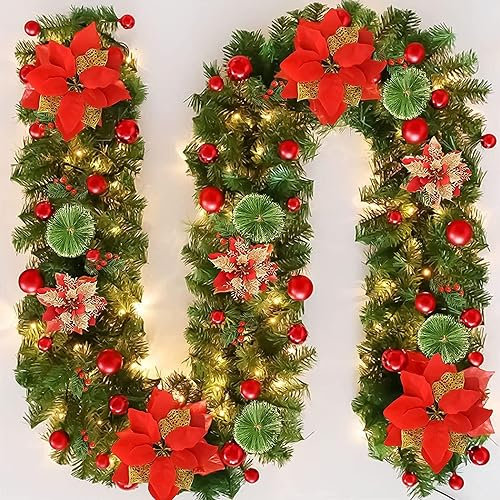 Ykgutilu Christmas Garland with Lighting, 270 cm, Warm White Garland, Artificial decor Interior decor, Fireplaces, Stairs, Wall Door Home (Red), 45cm (VR0KL0554077AWANNL)