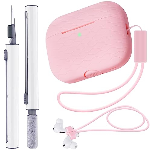 Fhtase Funda para AirPods Pro 2 2022 con kit de limpieza y correas antipérdida para AirPods, funda de silicona suave para AirPod Pro de 2ª generación con cordón (rosa)