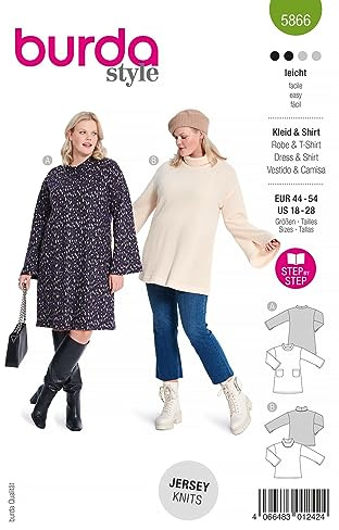 Burda Schnittmuster, 5866, Kleid und Shirt selber nähen [Damen, Gr. 44-54] Level 2 für Anfänger