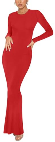 REORIA Women's Sexy Casual Crew Neck Lounge Slimming Long Dress Elegant Wedding Guest Long Sleeve Ribbed Bodycon Maxi Dresses Red Medium