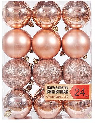 24 Stück kleine Mini Weihnachtskugeln Kunststoff Set, 3cm Weihnachtskugel Christbaumkugeln mit Schlüsselband, Weihnachtskugeln für Weihnachtsbaum, Hochzeit, Partys, DIY Dekoration, RoséGold