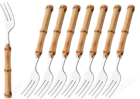 Uniturcky 8 tenedores pequeños de bambú natural y tenedores para aperitivos, tenedores de postre de acero inoxidable de 6.3 pulgadas con mango de bambú, cubiertos de cocina, juego de tenedores únicos