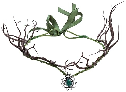 SAFIGLE Handgemachtes Feengeweih Krone Blumen Kopfschmuck Waldblatt Tiara Reif Wald Stirnband Für Renaissance Halloween Cosplay Festival Accessoire Grün