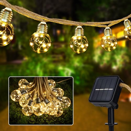 Joomer Solar Lichterkette Aussen mit 20 Glühbirnen, 5.7M G50 LED Lichterkette Außen Solar Wetterfest 8 Modi Vintage Hanfseil Outdoor Lichterkette Warmweiß für Garten Party Hochzeit Pavilion Balkon