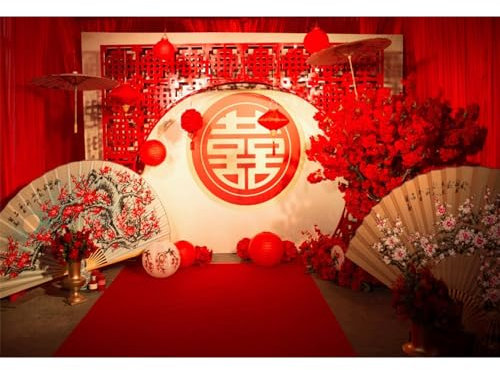 Ttincceer Toile de Fond de Mariage Chinois 300x200cm Tapis de Fleurs Rouges Lanterne Fond de Photographie Ventilateur Pliant écran rétro fête de Mariage Fond Photo Mur Studio Accessoires Photo