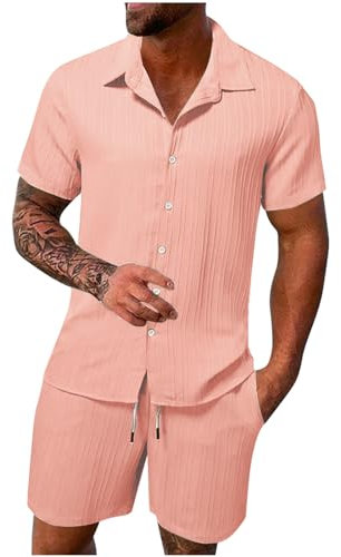 FZKun Tenues Estivales 2 Pièces Pour Hommes Pour Les Vacances - Chemises Cubaines à Manches Courtes En Coton Et Lin à Boutons Pour La Plage Hawaïenne Et Shorts Assorti De Survêtement (Rose,XL)