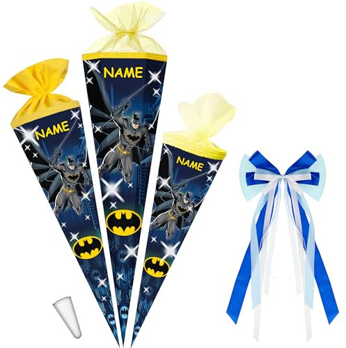 alles-meine.de GmbH Schultüte - Batmann - 35-85 cm - Größe wählbar - Spitze wählbar - inkl. Name - + Kunstoff Spitze + Schleife - Tüll - oder Filzabschluß - eckig/rund - klei..