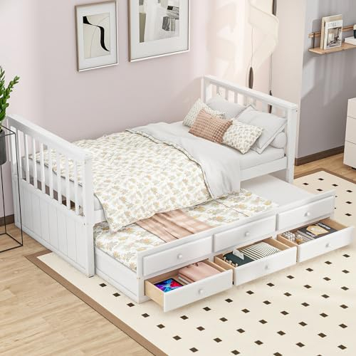 Ctastay Kinderbett Einzelbett Stauraumbett 90x200 cm, Bett Holzbett Tagesbett mit Stauraum Schubladen & Ausziehbares Rollbett, Jugendbett Familienbett Gästebett mit Lattenrost, Weiß, Ohne Matratze