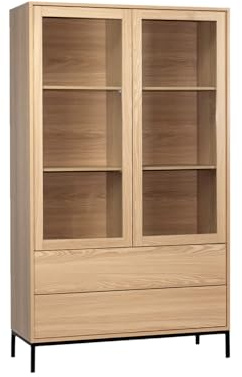 KLAST Vitrine aus Holz, Farbe Natur, mit Glastüren und zwei Schubladen zum Ausstellen und Aufbewahren von Gegenständen. Maße: 100 x 170 cm