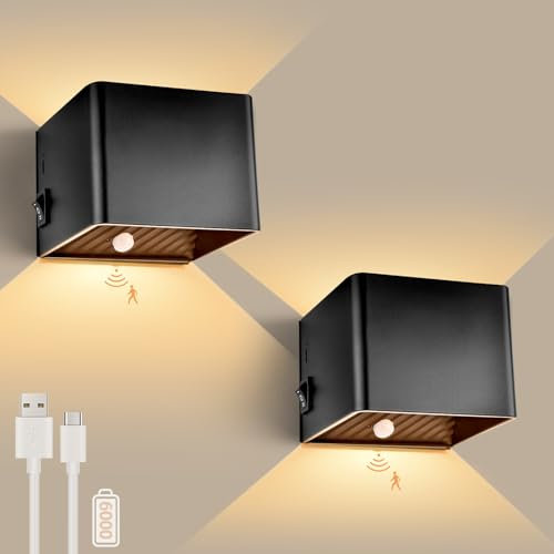 GeyouLux 2 Stück 6000mAh Akku Wandleuchte mit Bewegungsmelder Innen 5W Aufladbare Wandleuchte Innen Ohne Stromanschluss mit 3 Modi 3000K Wandlampe Innen Akku für Treppe Flur Wohnzimmer Schlafzimmer