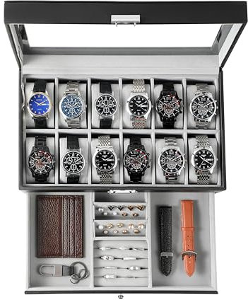 KILHS Uhrenbox für 12 Uhren, Uhrenaufbewahrung mit Glasdeckel, 2-stöckige Watch Box mit 1 Schublade, mit Schlüsselschloss, für Ringe und Ohrringe, als Geschenk geeignet,KS-012BG