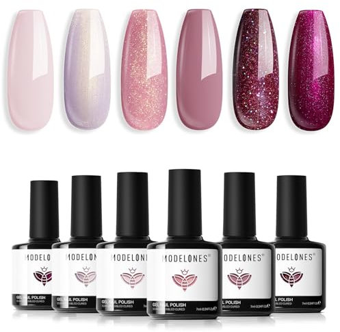 Modelones Gel Nail Polish Set, 6 Colors Rose Garden Neutral Nude Pink Gel Polish Burgundy Red Shimmer Nail Polish Set Peach Galaxy Grape-Purple Glitter Nail Varnish Kit Soak Off Nail Art Manicure