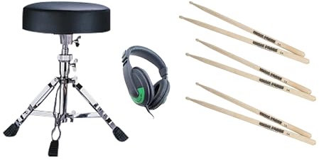 MUSIC STORE E-Drum Zubehör Pack, 3x 5A Hickory Sticks, E-Drum Kopfhörer, Drumhocker, Practice Pad, Drumset Zubehör
