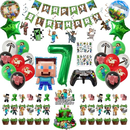 Geburtstagsdeko,7 Jahre Geburtstagsdeko Junge, Folienballon, Temporäre Tattoos für Kinder, Tortenaufleger, Banner, Geburtstagsdeko Party Set für Kinder