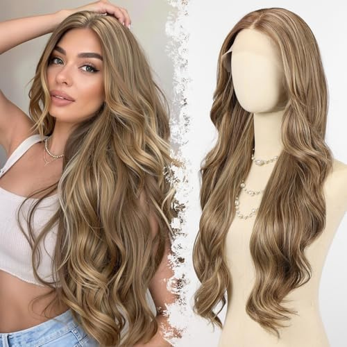 testar Peluca marrón Lace Front lista para usar,13x6 HD sin pegamento,peluca lace ondulada para mujeres blancas,fibra sintética resistente al calor,peluca larga ondulada,28 pulgadas