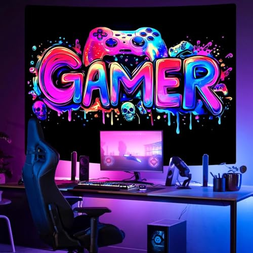 SparkLia Gamer Gaming Tapisserie, Blacklight Game Controller Horror Skull Wall Hanging, UV reactive Skeleton Glow in the Dark Wall Decor for Bedroom, Living Room - 59 x 80