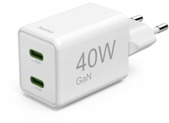 Hama Schnellladegerät, GaN, 2x USB-C, Super-Mini-Ladegerät, PD, 40 W, Weiß
