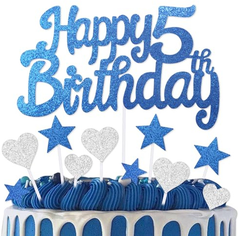 mciskin 5th Birthday Cake Topper,5th Birthday Decorations for Boys Girls,Royal Blue Cake Decorations,Personalised Cupcake Toppers with Heart Star for Girl Boy Women Men Party Supplies
