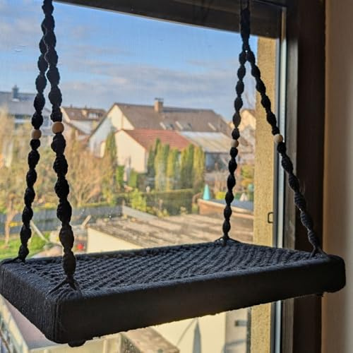 Fensterliege für Katzen mit Fensterhaken von Phinias Place, aus Massivholz und Baumwolle handgefertigt (Schwarz, 48x30cm)