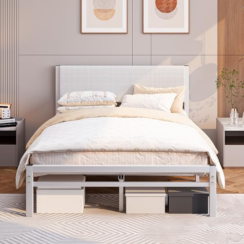 JUISSANO Bett 120x200 mit Lattenrost,Bettgestell Metallbett 120x200 cm mit Kopfteil,Bettrahmen aus Metall-27cm Hoch,Doppelbett Gästebett Jugendbett KeinBoxspringbett mit Stauraum,Weiß