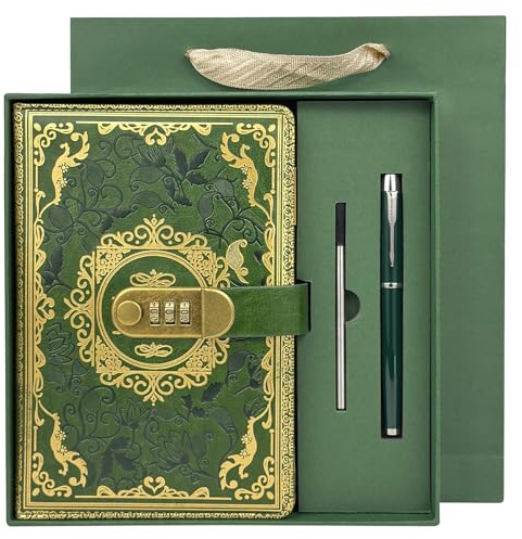 Neehows Lock Journal Diary Password Book, A5 5.9x8.5 200 Pages - Green | PU Leather Locked Notebook Password Diary Address Book with Pen for Men and Women