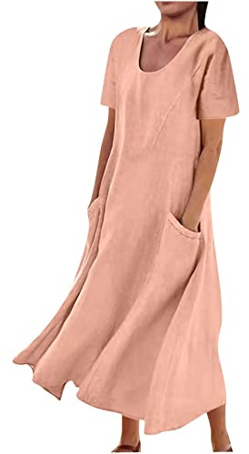 Robe Coton et Lin pour Femme Été Fluide Manche Courte Chic et Elegant Robes avec Poches Col Rond Décontractée Grande Taille Robes Couleur Unie Respirant D'été Boheme Vacances à la Plage Maxi Dress