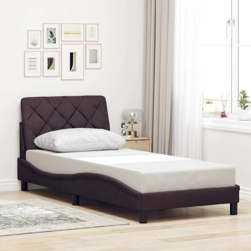 kithwjll Dunkelbraunes Bettgestell 90x200 cm, Stoffbezug, Wellenform, Einzelbett mit Lattenrost, Kopfteil Kissen, Metall
