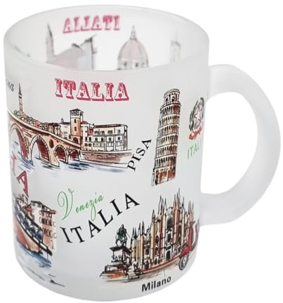 CUCUBA Tazza Mug in Vetro Satinato Design Artistico Italia Città Principali e Monumenti Italiani Milano Roma Venezia Verona Pisa per Colazione Merende 36cl