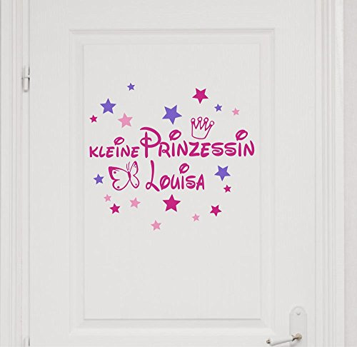 Wandtattoo Türaufkleber mit Namen, ~Kleine Prinzessin mit Schmetterling und Krone ~ 73008-29cm-tricolore-pink, mit bunten Sternen fürs Mädchenzimmer, Kinderzimmer Mädchen