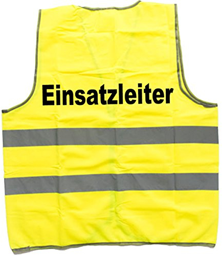 SHIRT-TO-GO neongelbe, reflektierende Rettungsweste Warnweste Unfallweste für Rettungskräfte und freiwillige Feuerwehr mit Aufdruck „Einsatzleiter“