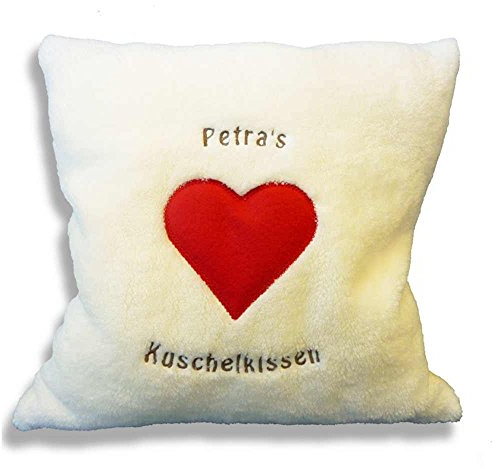 Kuschelkissen mit Herz aus Filz und Name Bestickt, personalisiertes Plüsch Kissen, kuschelweich, individuell Bestickt mit eigenem Text, Kissen Dekokissen Zierkissen | LR-I0SI-AFRU