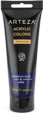 Arteza Peinture acrylique bleu de Prusse haut de gamme | Poche/tube plastique 120ml| Pigments Haute Densité |Peinture sur toile | Peinture bois | Palette peinture plusieurs couleurs disponibles