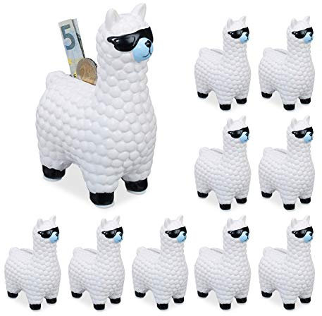 10 x Lama Spardose, mit Sonnenbrille, Geschenkidee & Deko, Alpaka Sparbüchse aus Keramik, HxBxT: 15,5 x 11 x 6 cm, weiß