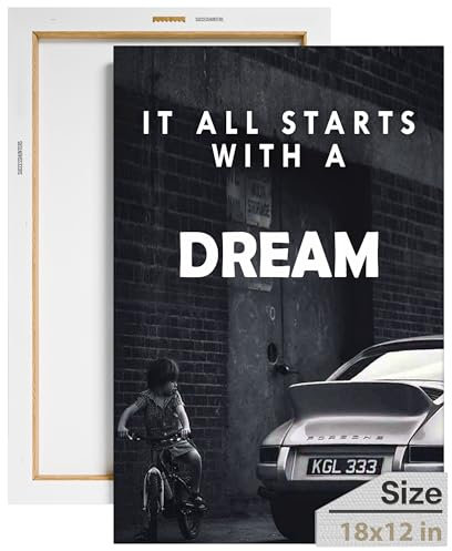 SuccessHuntersPrints It All Starts with A Dream Motivational Wall Art Canvas Print, Office Decor, Inspiring Framed Prints, Inspirational Porsche 911 Wall Art Decoration Quotes (18 x 12)