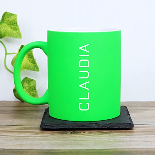 eBuyGB Personalised Neon Coffee Mug 310ml Ceramic Laser Engraved Bright Fluorescent Matt Finish Tea Cup - Customised Birthday, Christmas, Wedding Gift Idea - Unisex Custom Name (Green)