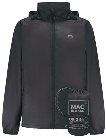 Mac in a Sac Veste imperméable et compacte Origin - Imperméable unisexe, coupe-vent, respirant et léger pour hommes et femmes - Black - L