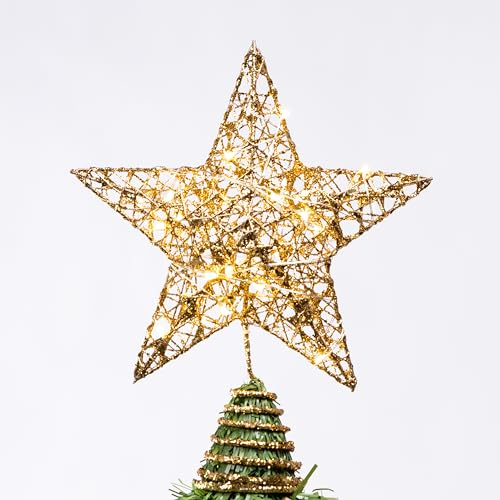 Joiedomi Gold Glitter Star Tree Topper Metal Hallow Tree Star Lighted for Christmas Tree Decorations Home Holiday Xmas Party Indoor Decor