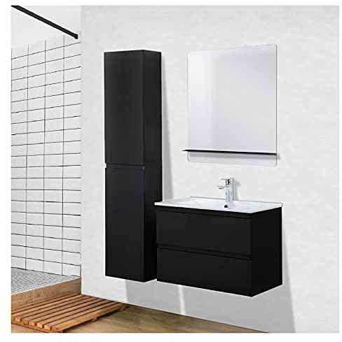 MOB-IN Meuble Salle de Bain 60 cm + Colonne Noir Carbone + Miroir Tablette Noir Sorrento