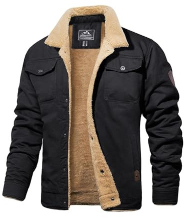 MAGCOMSEN Men Varsity Jacket Casual Coats Fur Fleece Lined Jackets Cotton Breathable Jacket for Men Button Down Coats Winter Windproof Jacket with Multi Pockets, Black