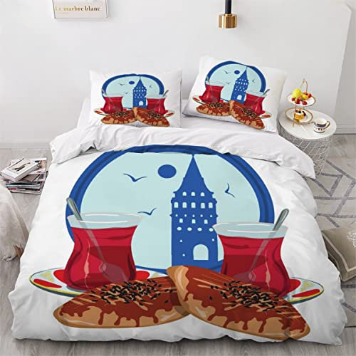 NUYSP Bettbezug Set Türkischer Mahlzeittee Bettwäsche 135x200 mit 2 Kissenbezug 3D Druck Galata-Turm Bettwäsche Set Mikrofaser Bettbezüge mit Reißverschluss für Kinder Zimmer Dekor