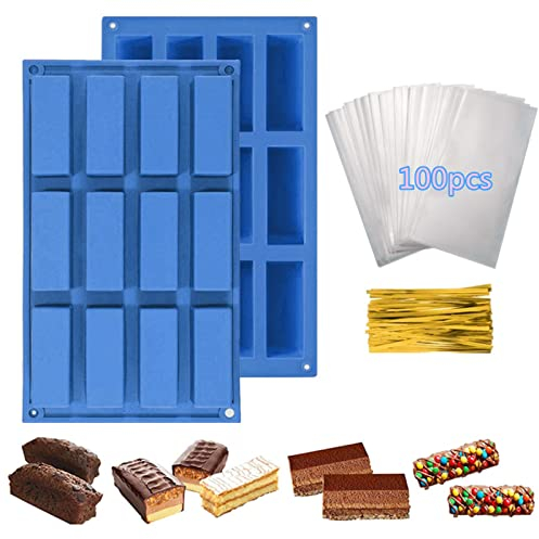 2 Pack 12 Cavity Rectangle Granola Bar Silicone Mould + 100pcs Treat Bags, Nutrition Energy Cereal Chocolate Bar Mould for Baking Bread Brownie Cheesecake Butter Soap Mold (Blue)