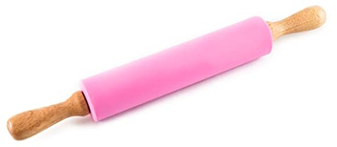 Legend Petit rouleau à pâtisserie en silicone rose avec surface antiadhésive Rouleau en silicone pour pizza, biscuits, pâte, chapatis, raviolis avec poignées en bois