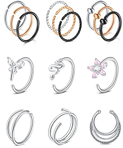 VF VFUN 18G 20G 16G Nose Hoop Rings Mixed Colors Nose Piercing for Women Men Nose Septum Rings Stainless Steel Spiral Opal Flower Nostril Piercing Nose Hoop Jewellery